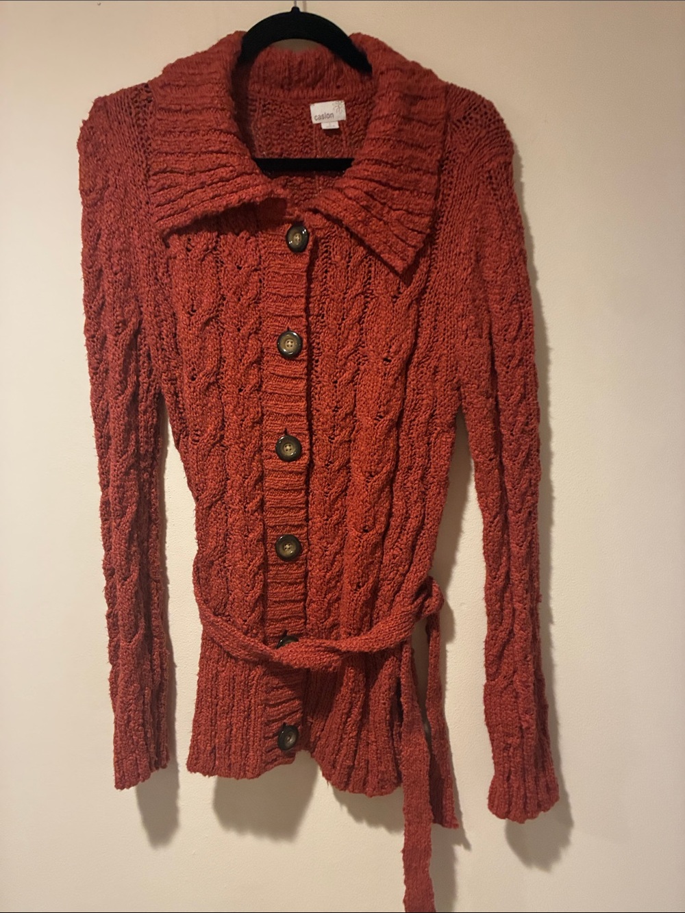 Retro VTG Caslon Rust Cable-Knit Button Cardigan GranpaCore Tie Sz Ll